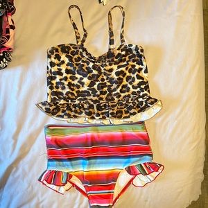 Girls' Leopard Print  & Striped High Waist Bikini Set - 3XL (8/9 years)